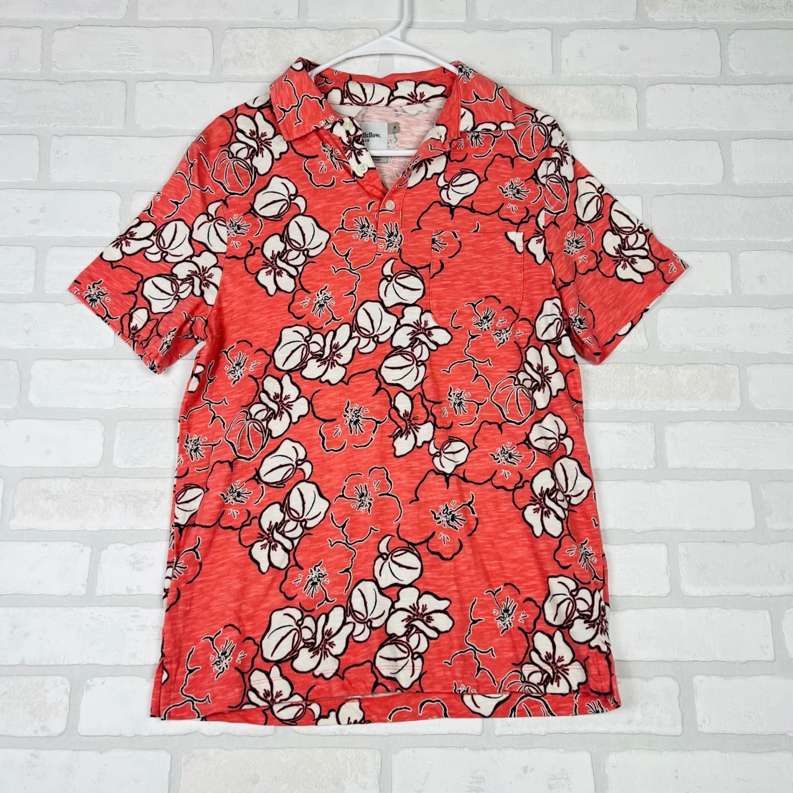 Goodfellow & Co Mens Coral Orange Floral Slub Cotton Polo Shirt Medium Pocket